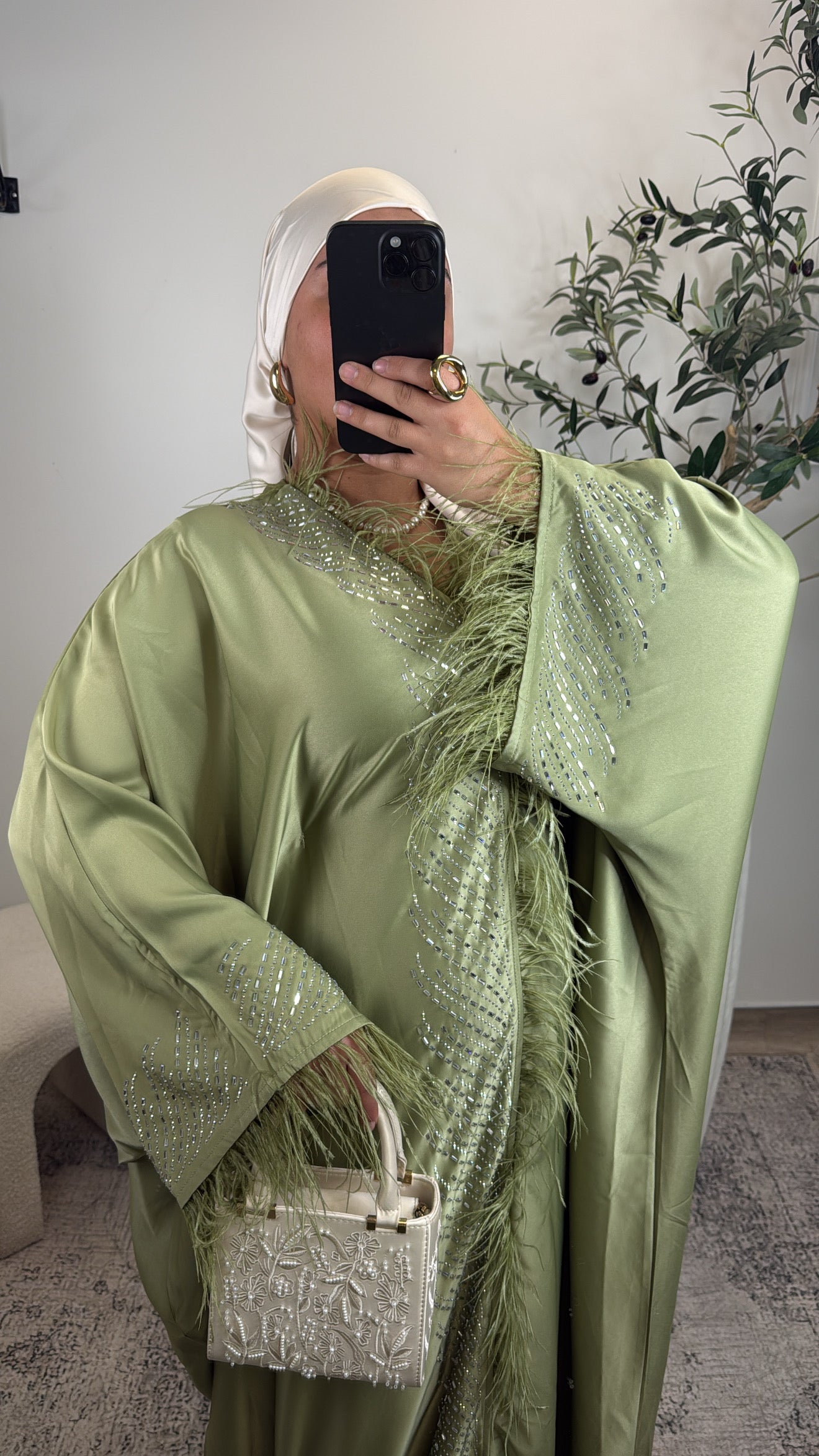 ABAYA FARASHA EN PLUMES [ olive ]