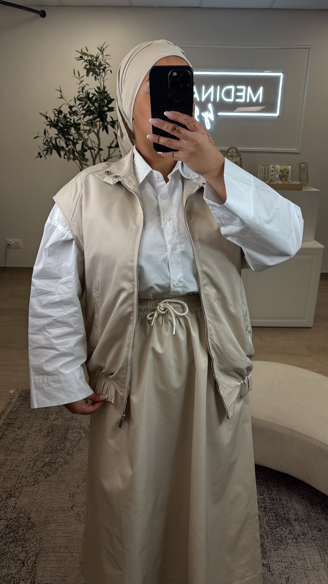 Ensemble Premium gilet + jupe avec élastique [ camel ]