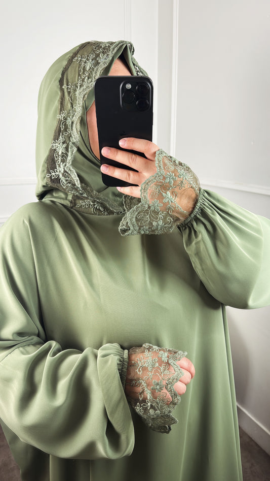 ABAYA HIJAB INTÈGRÉ DENTELLE [ kaki ]