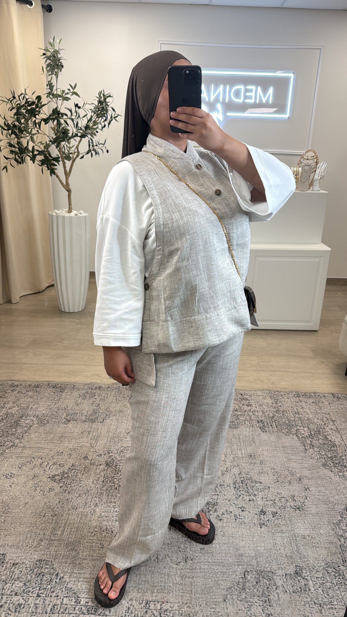 ENSEMBLE PREMIUM LIN Gilet + Pantalon [ Taupe ]