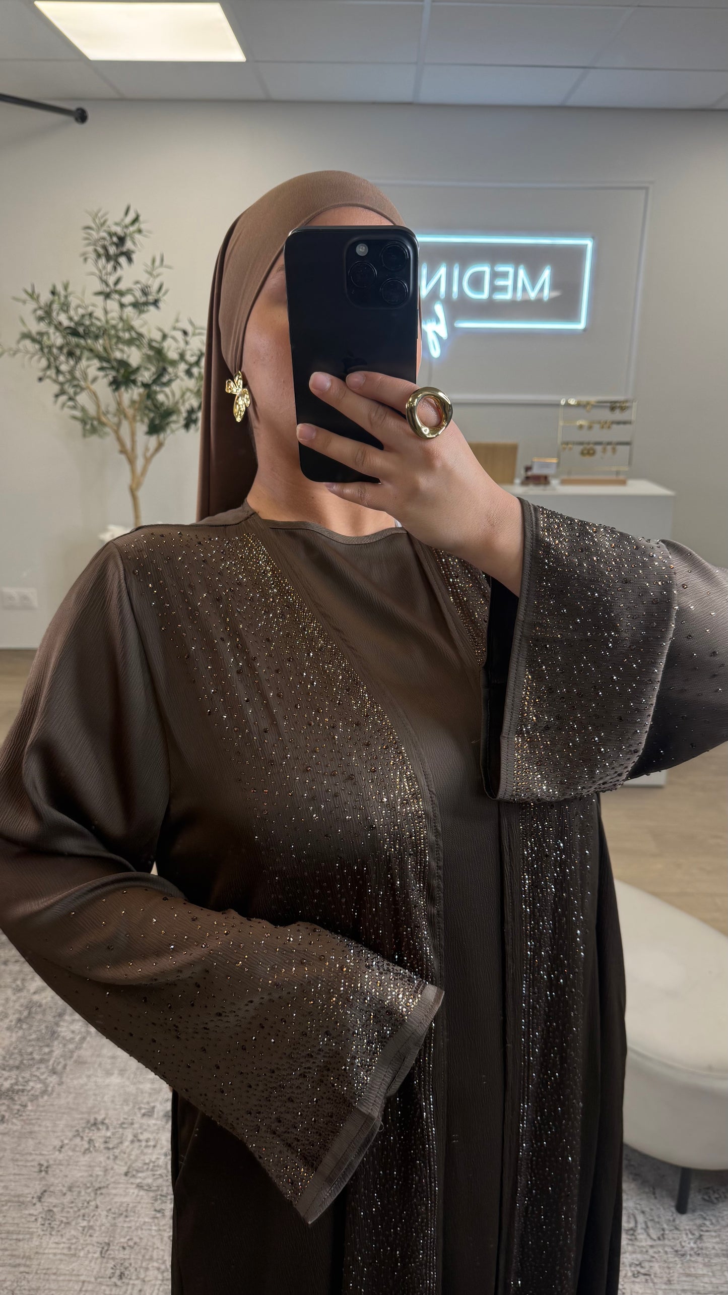 ENSEMBLE KIMONO ET SOUS ROBE PREMIUM À STRASS [ marron ]