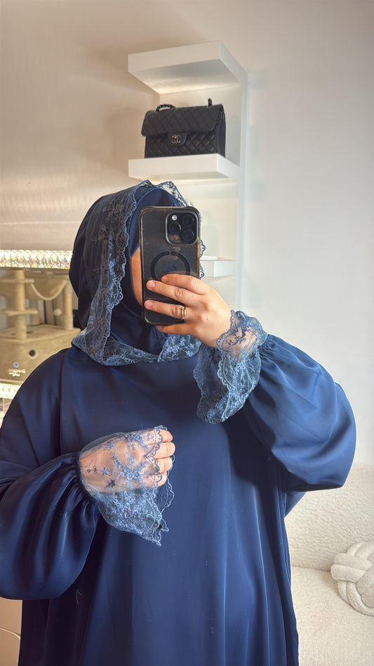 ABAYA HIJAB INTÉGRÉ DENTELLE [ bleu ]