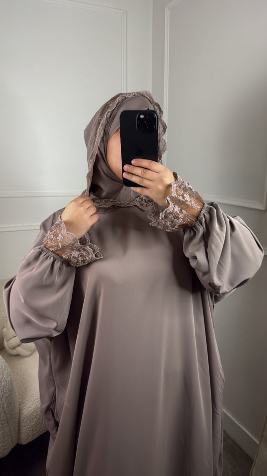 ABAYA HIJAB INTÉGRÉ DENTELLE [ Taupe ]