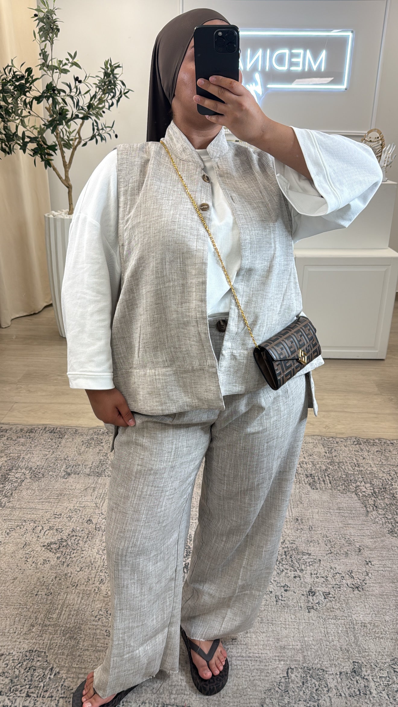 ENSEMBLE PREMIUM LIN Gilet + Pantalon [ Taupe ]