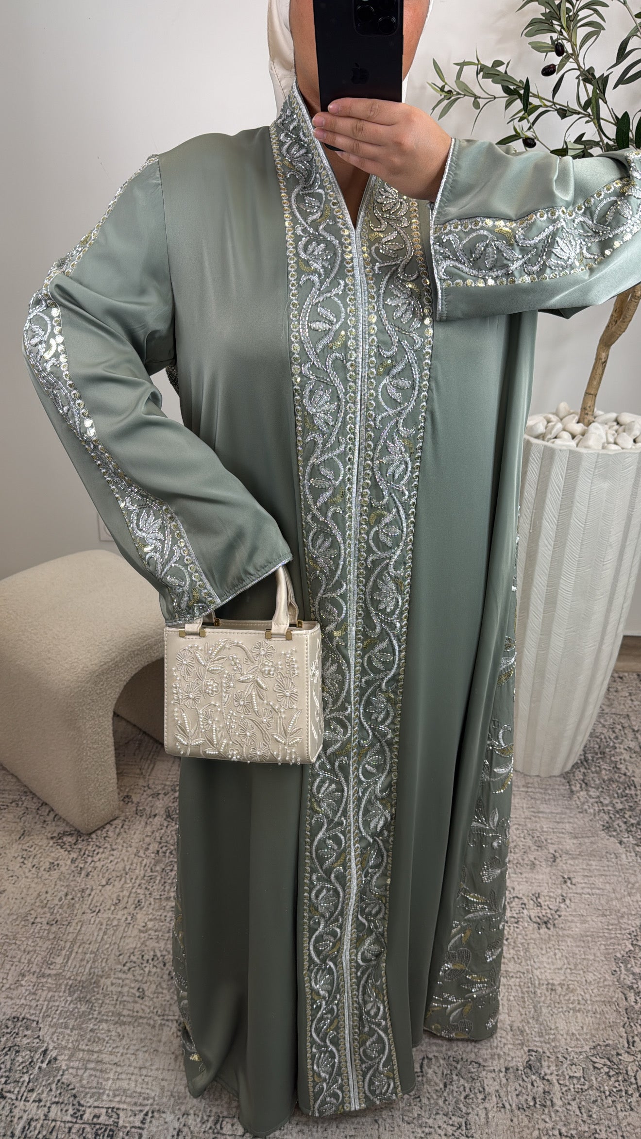 ABAYA BRODÉ FIL [ vert d’eau ]