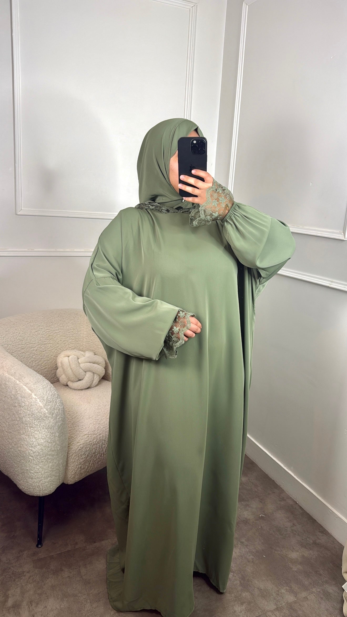 ABAYA HIJAB INTÈGRÉ DENTELLE [ kaki ]