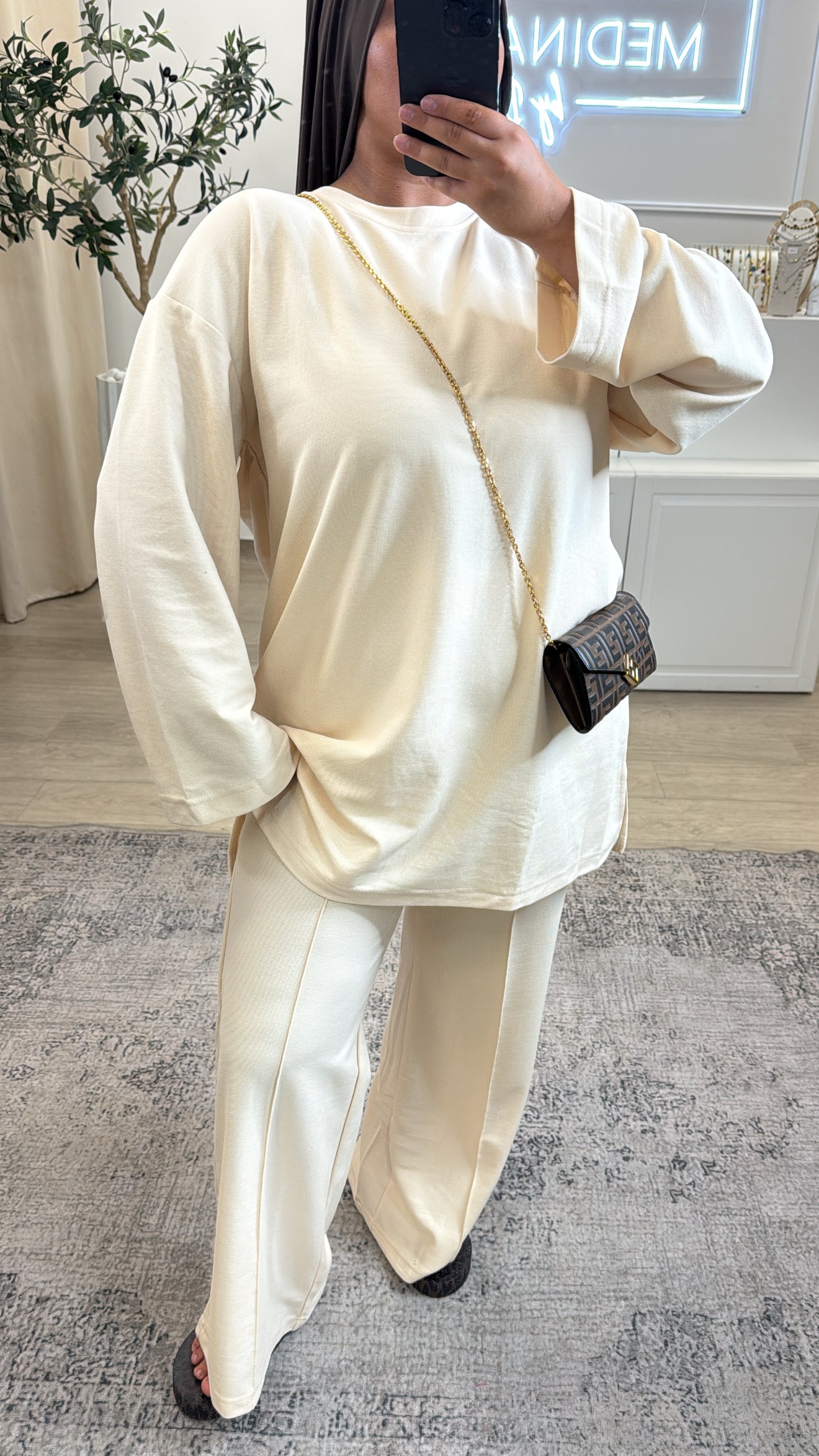 ENSEMBLE T-SHIRT MANCHE LONGUE + PANTALON [ crème ]