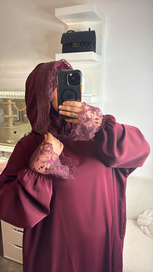 ABAYA HIJAB INTÉGRÉ DENTELLE [ bordeau ]