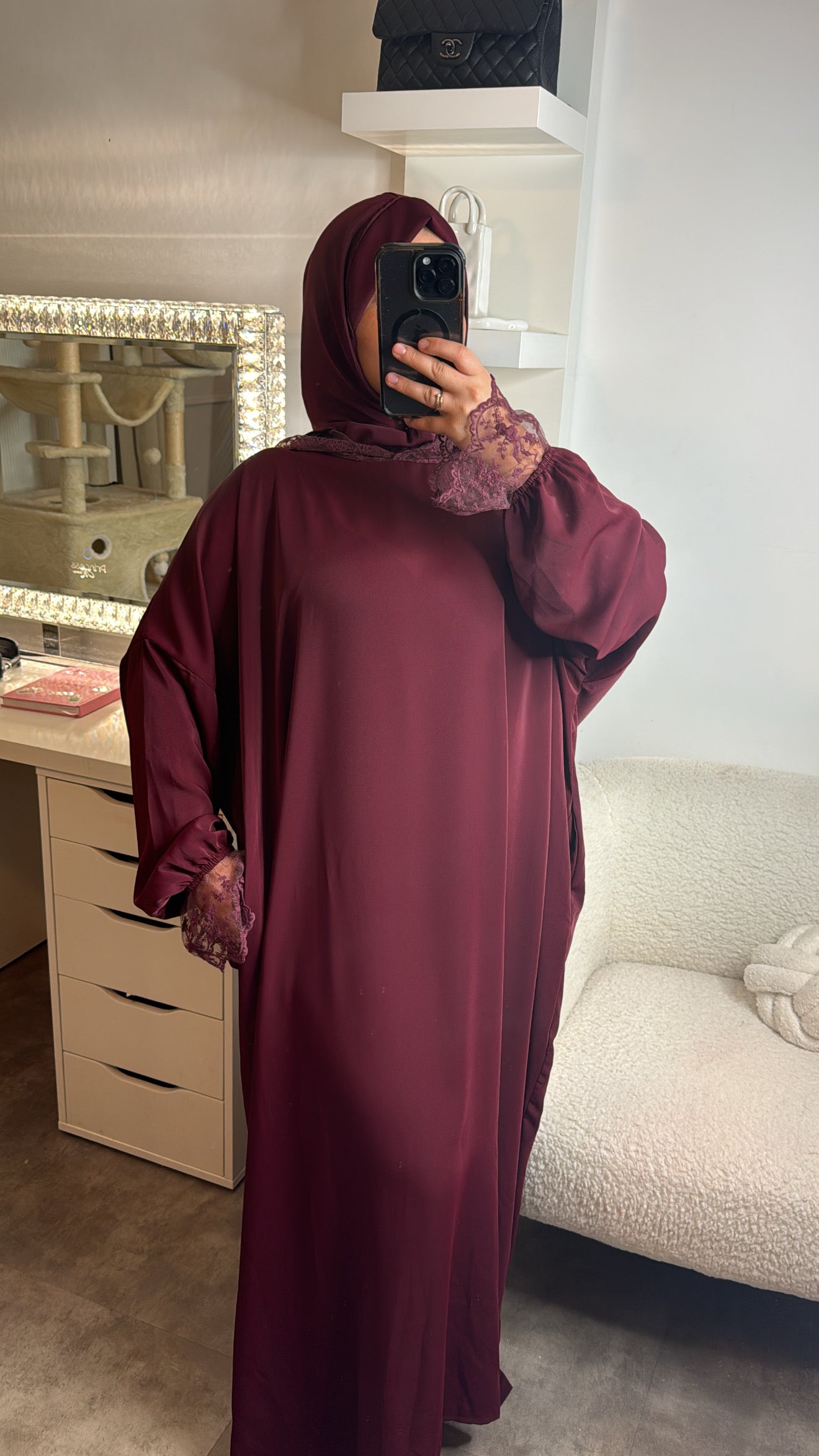 ABAYA HIJAB INTÉGRÉ DENTELLE [ bordeau ]