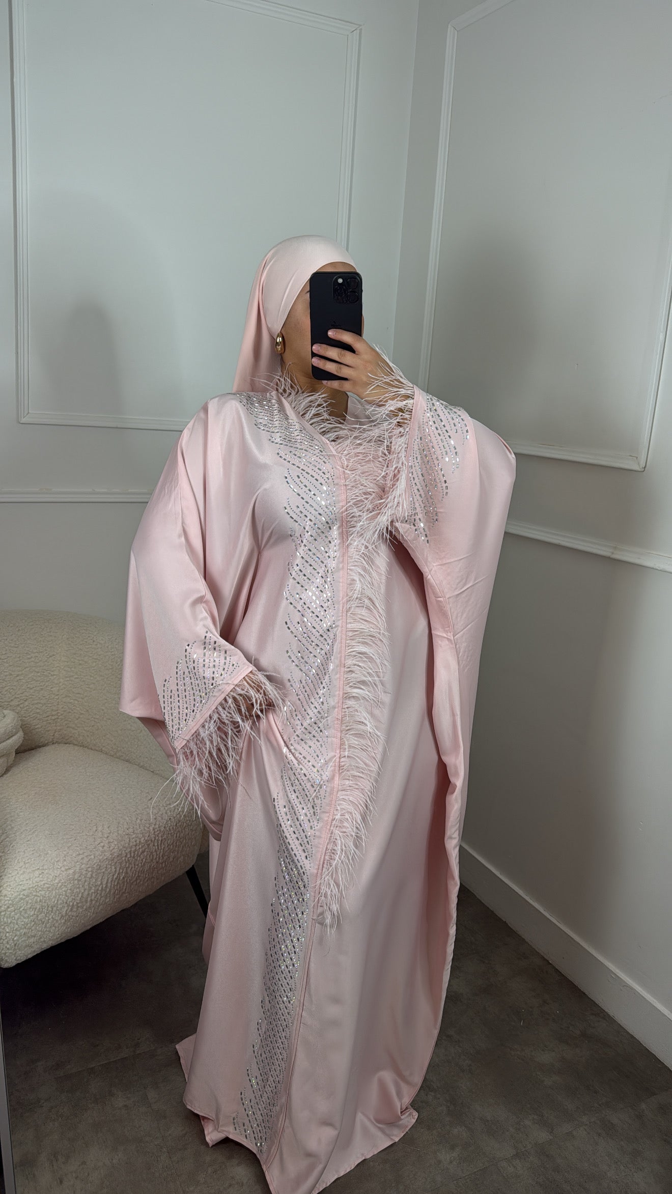 ABAYA FARASHA EN PLUMES [ PINK ]