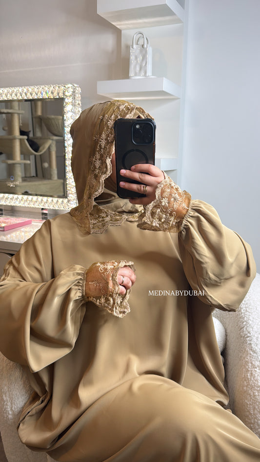 ABAYA HIJAB INTÉGRÉ DENTELLE [ camel ]